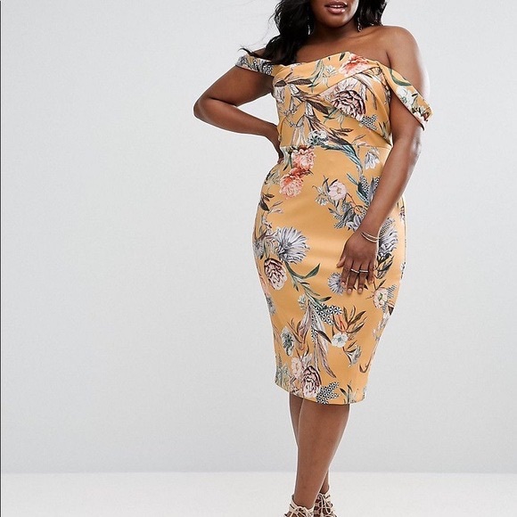 ASOS off the shoulder yellow floral body con midi dress size 24 wedding guest - Picture 1 of 6